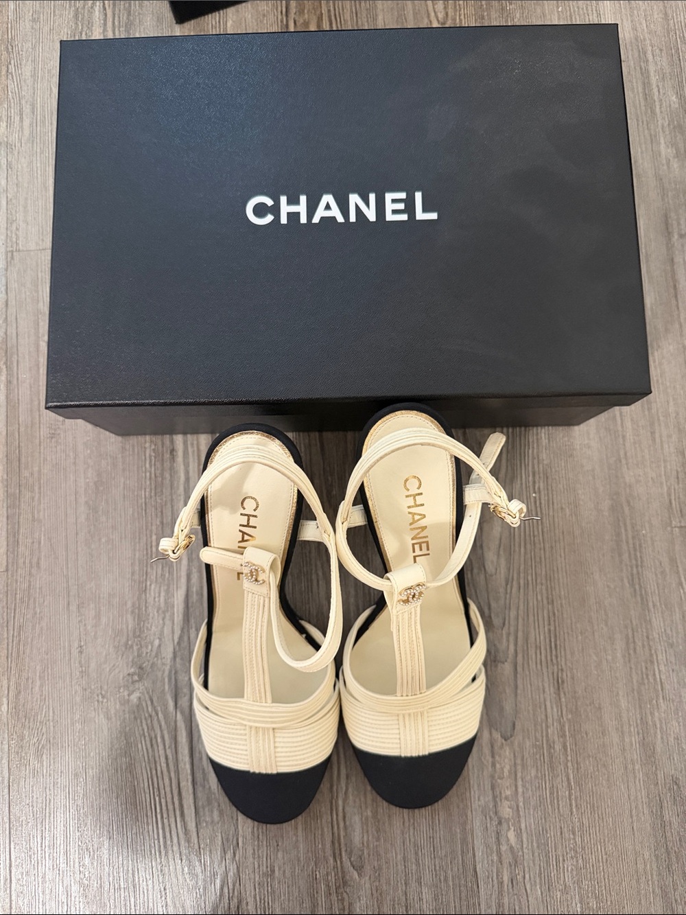CHANEL Cream and Black T-Strap Heeled Sandals